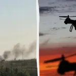 Дим з будівлі складу Ozon в Оренбурзі під час пожежі, спричиненої падінням уламків безпілотників